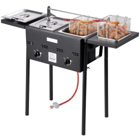 Outdoor Propane Deep Fryer, Dual-Tank 8QTx2 Commercial Fryer, Stainless Steel Cooker with Foldable Platform, Dual Basket, and Heat Adjustment